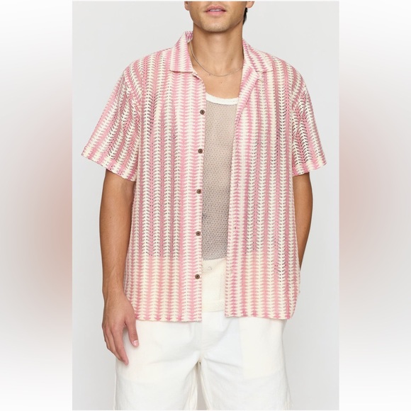 RAGA Other - Raga Geometric Open Stitch Camp Shirt sweater short sleeve button medium NWT